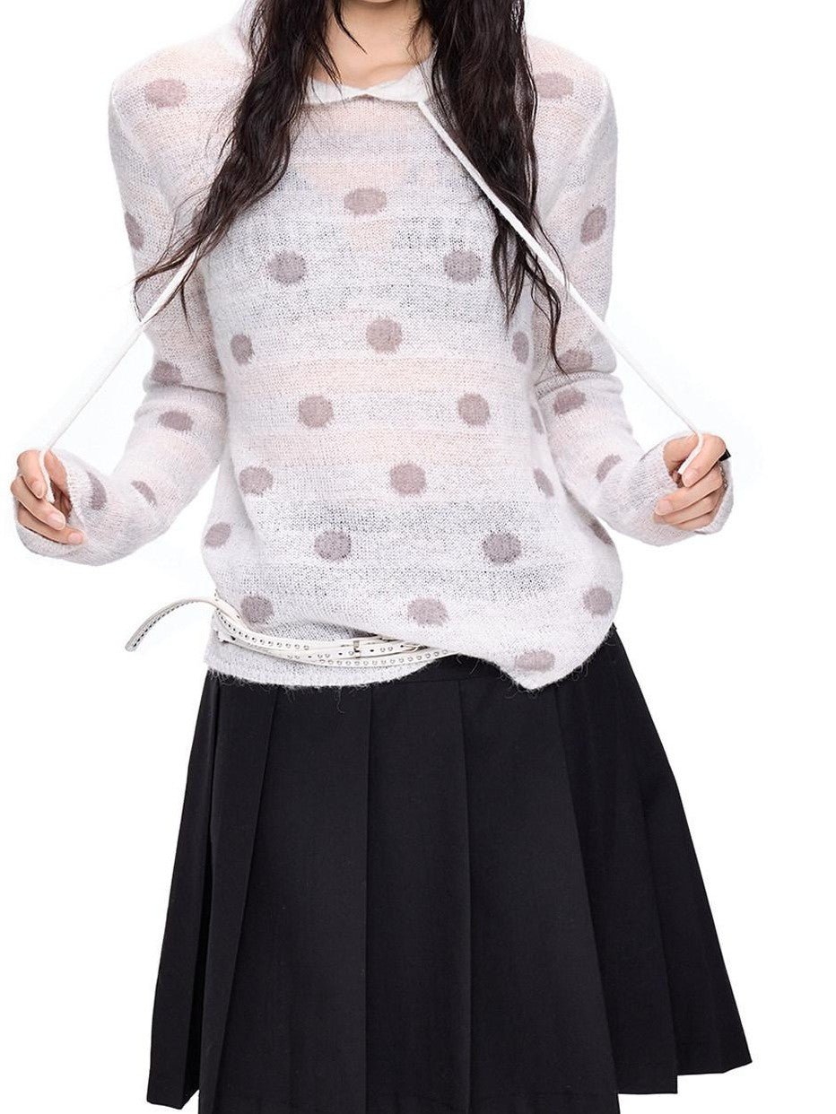 EZEK Polka Dot Hooded Mohair Knit Loose Fit Buttoned Women's Nylon Blend Sweaters