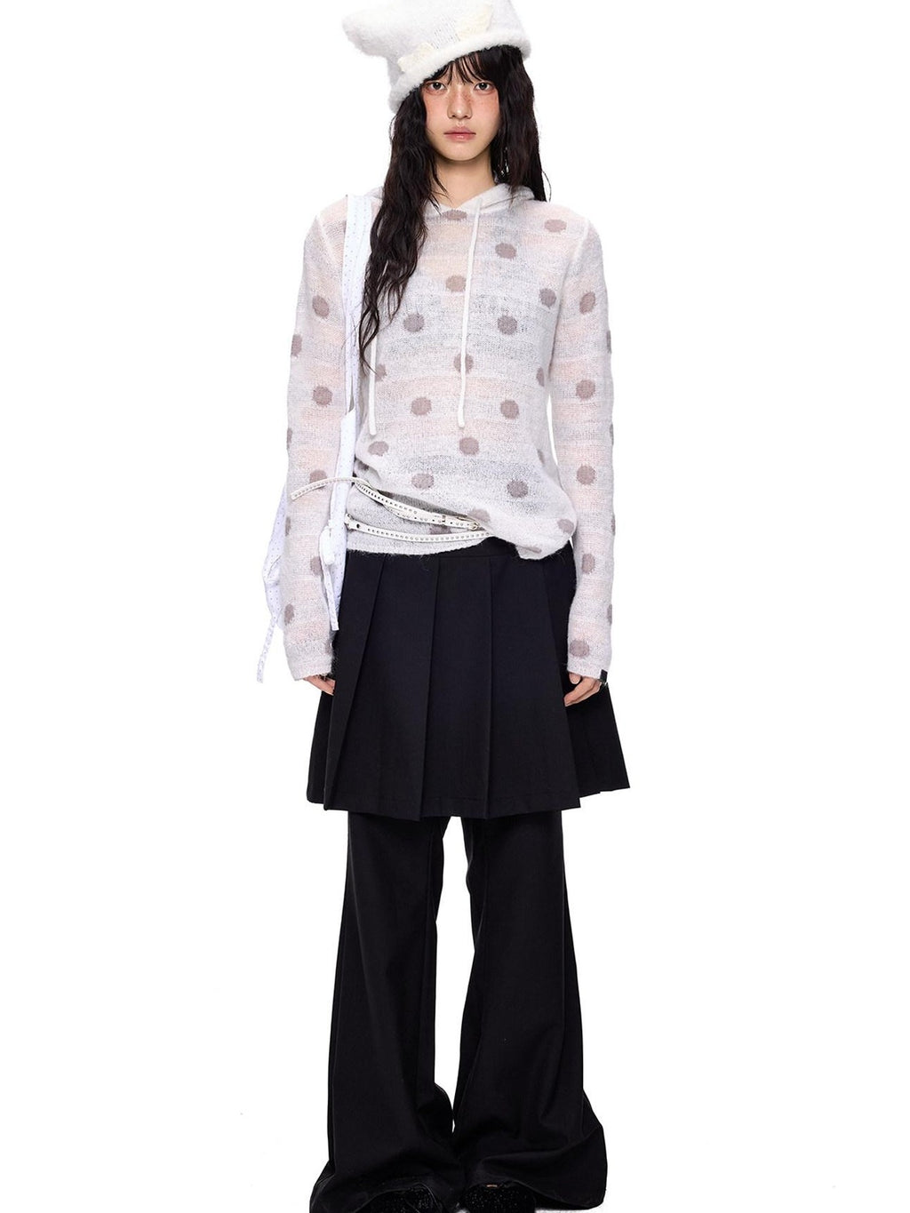 EZEK Polka Dot Hooded Mohair Knit Loose Fit Buttoned Women's Nylon Blend Sweaters
