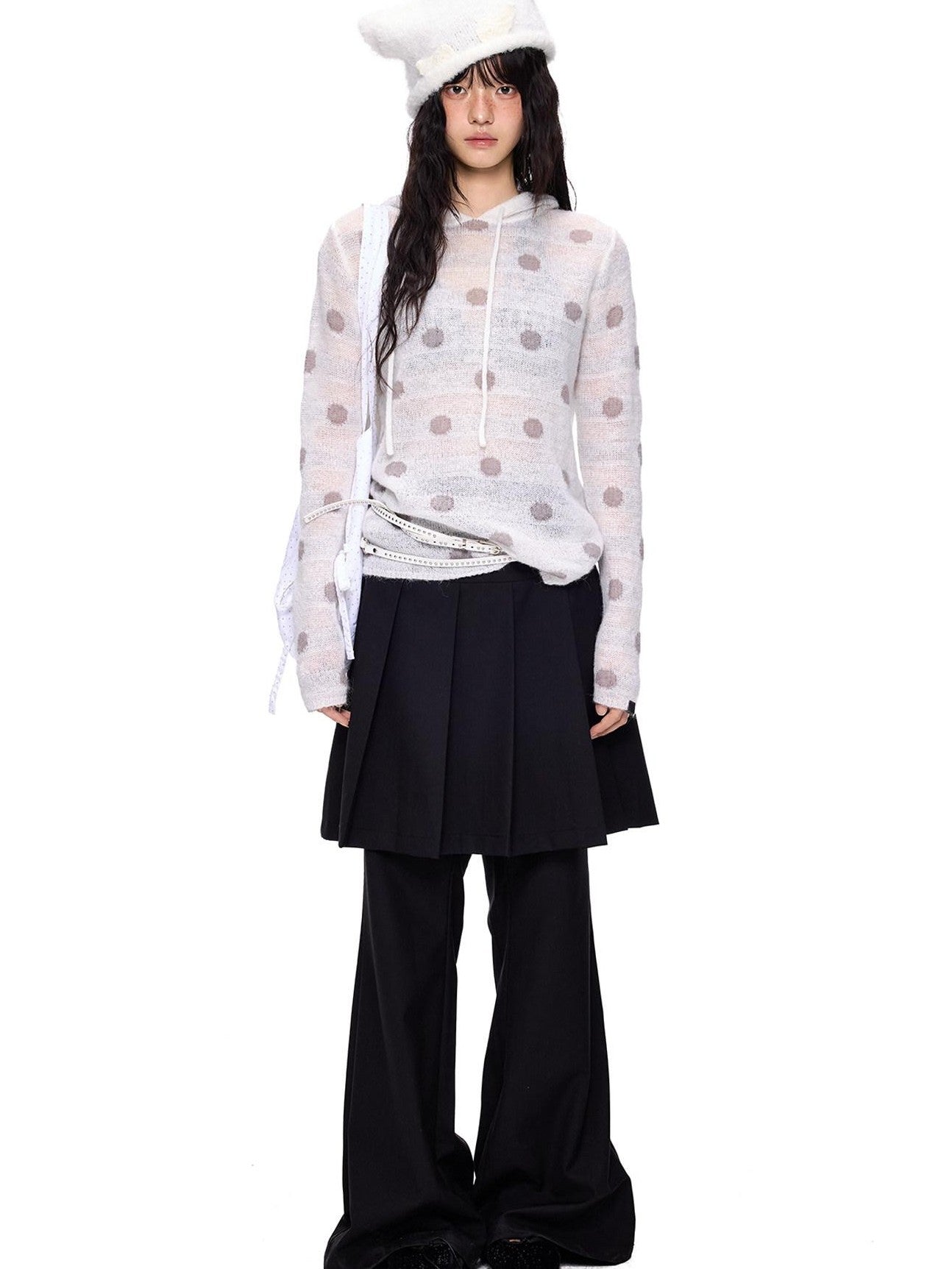 EZEK Polka Dot Hooded Mohair Knit Loose Fit Buttoned Women's Nylon Blend Sweaters