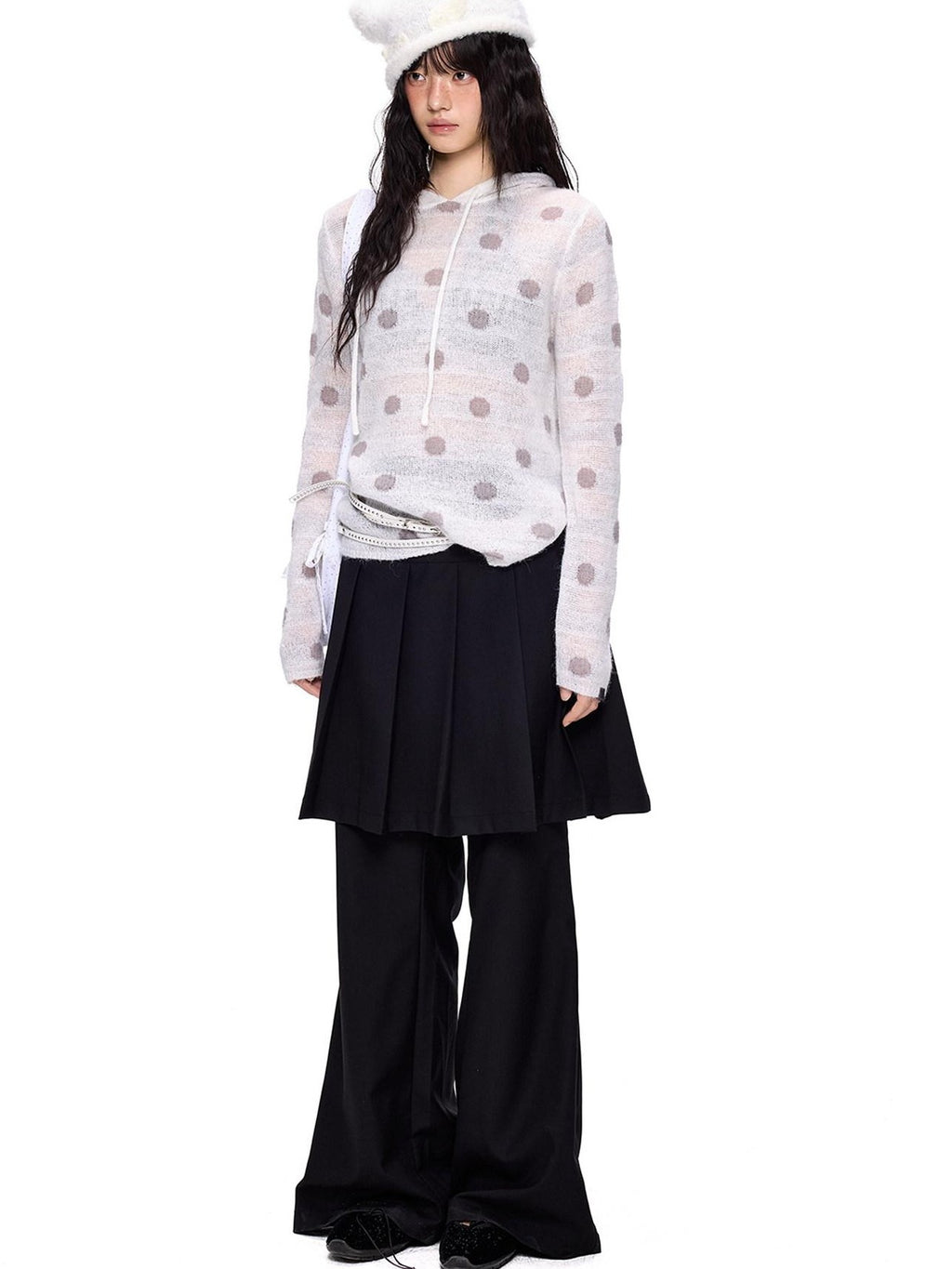 EZEK Polka Dot Hooded Mohair Knit Loose Fit Buttoned Women's Nylon Blend Sweaters