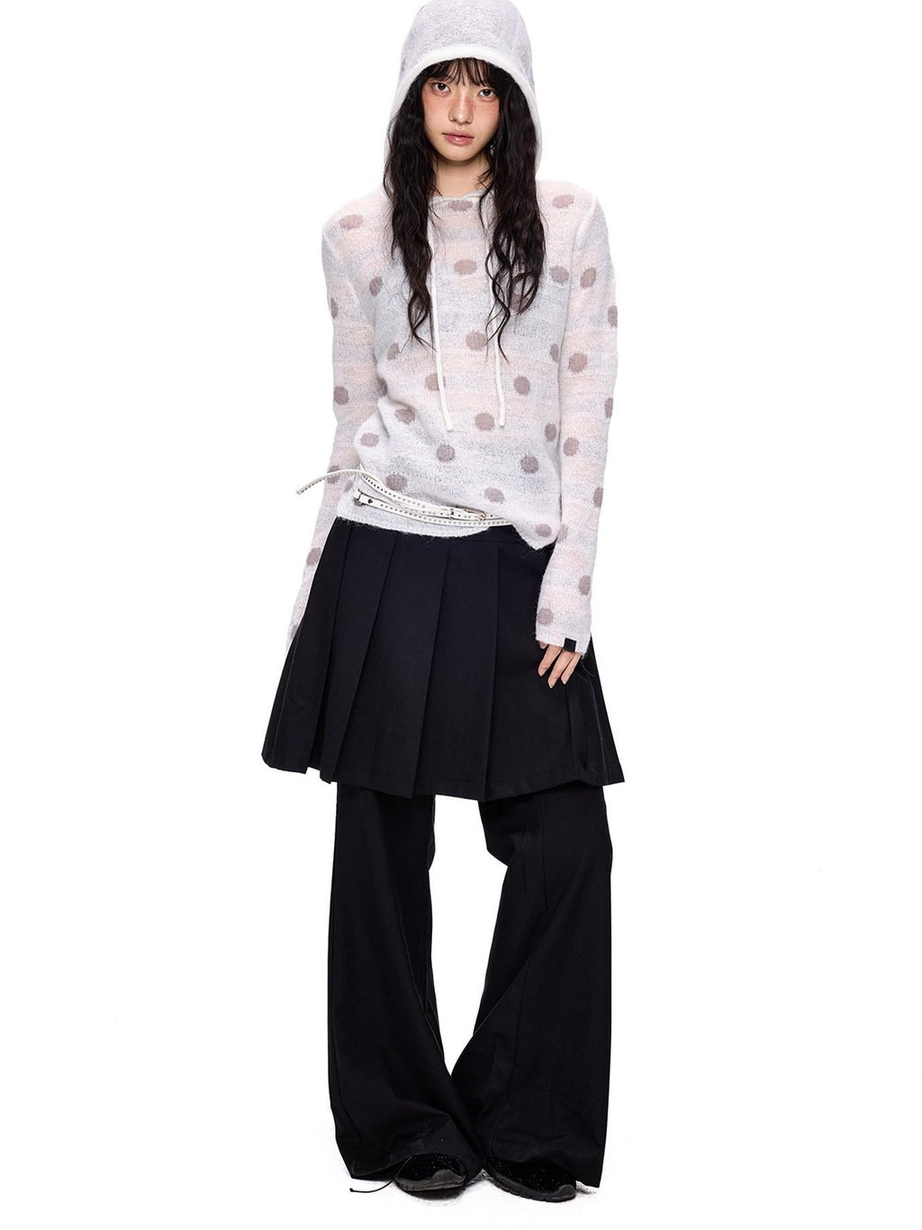EZEK Polka Dot Hooded Mohair Knit Loose Fit Buttoned Women's Nylon Blend Sweaters