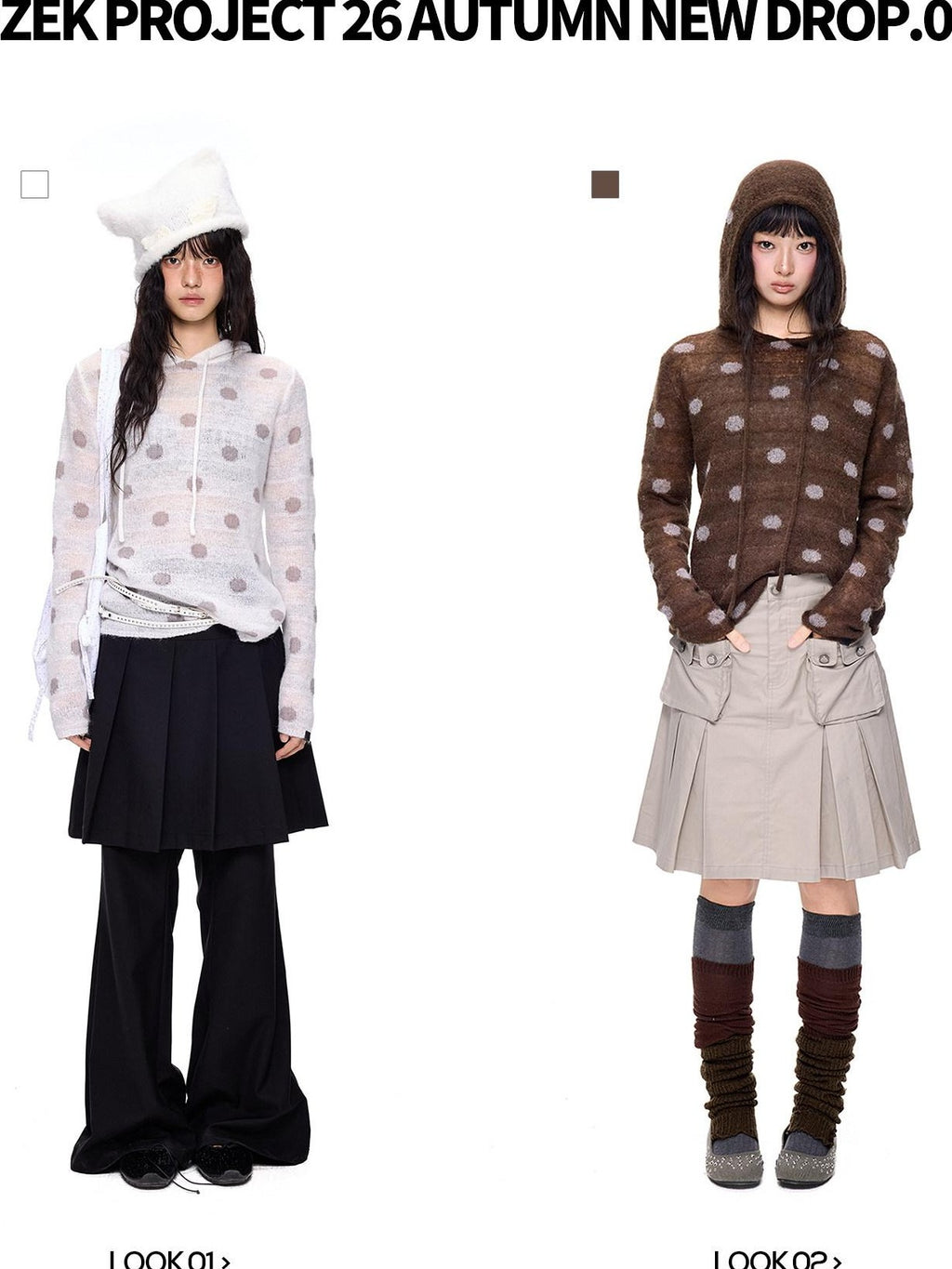 EZEK Polka Dot Hooded Mohair Knit Loose Fit Buttoned Women's Nylon Blend Sweaters
