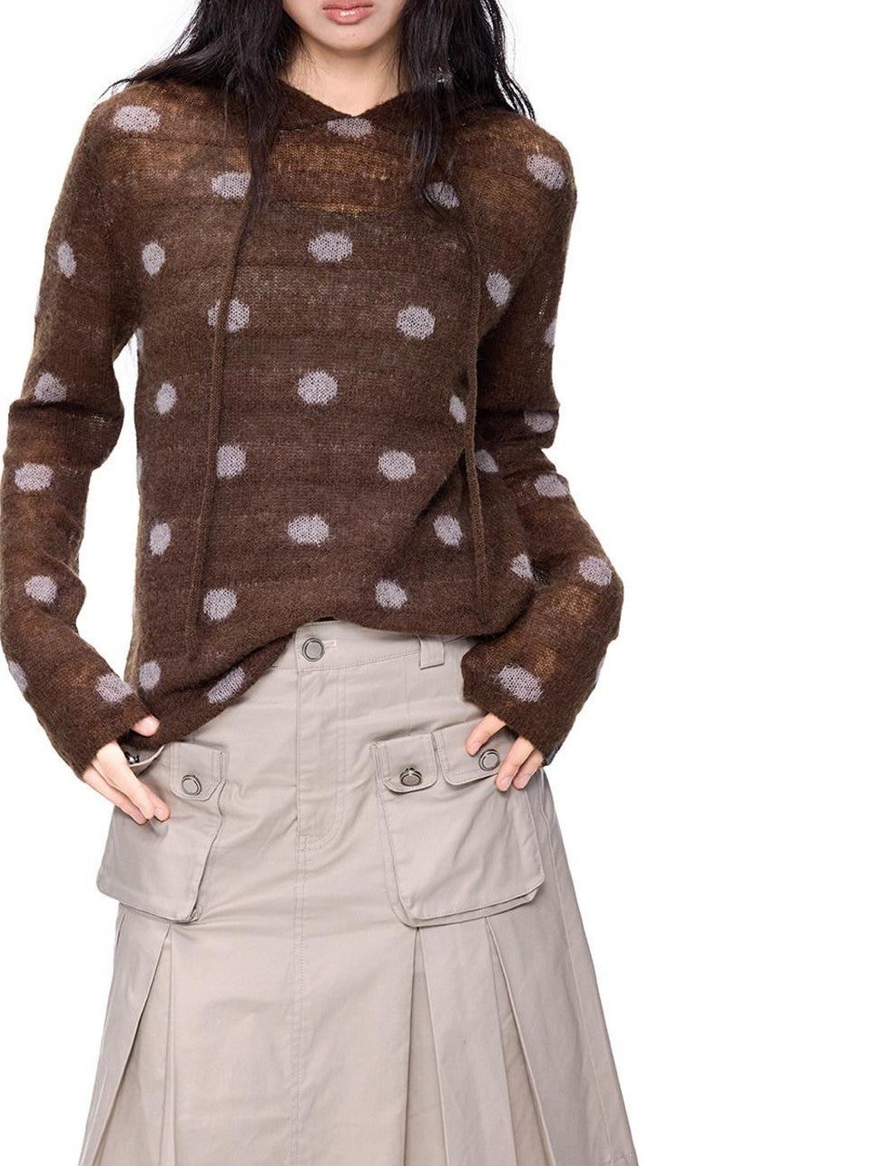 EZEK Polka Dot Hooded Mohair Knit Loose Fit Buttoned Women's Nylon Blend Sweaters