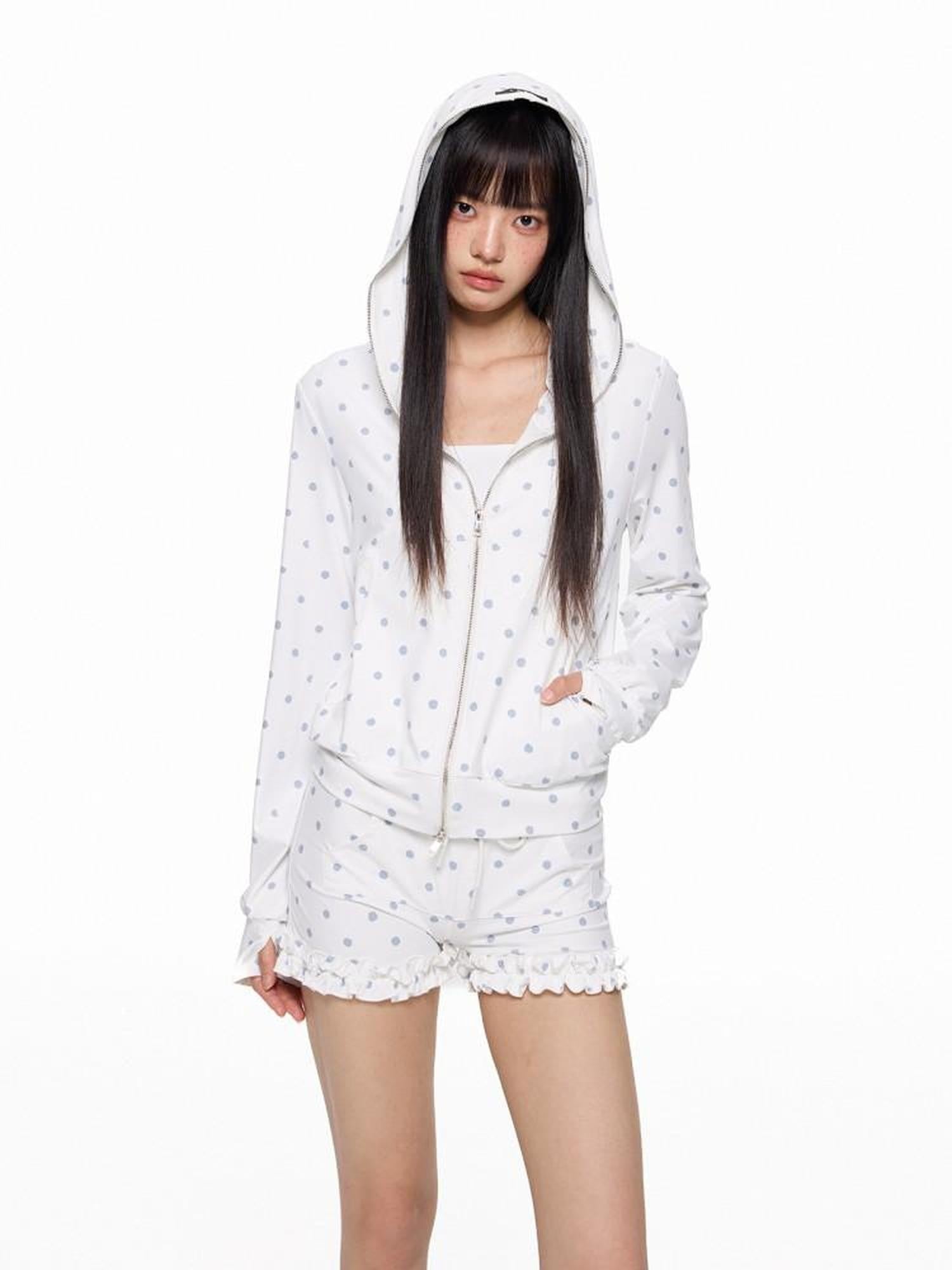 EZEK Polka Dot Hooded Zip Pocket Women's Polyester Casual Top & Shorts Sets