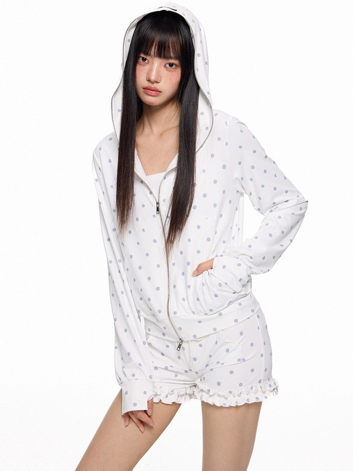 EZEK Polka Dot Hooded Zip Pocket Women's Polyester Casual Top & Shorts Sets