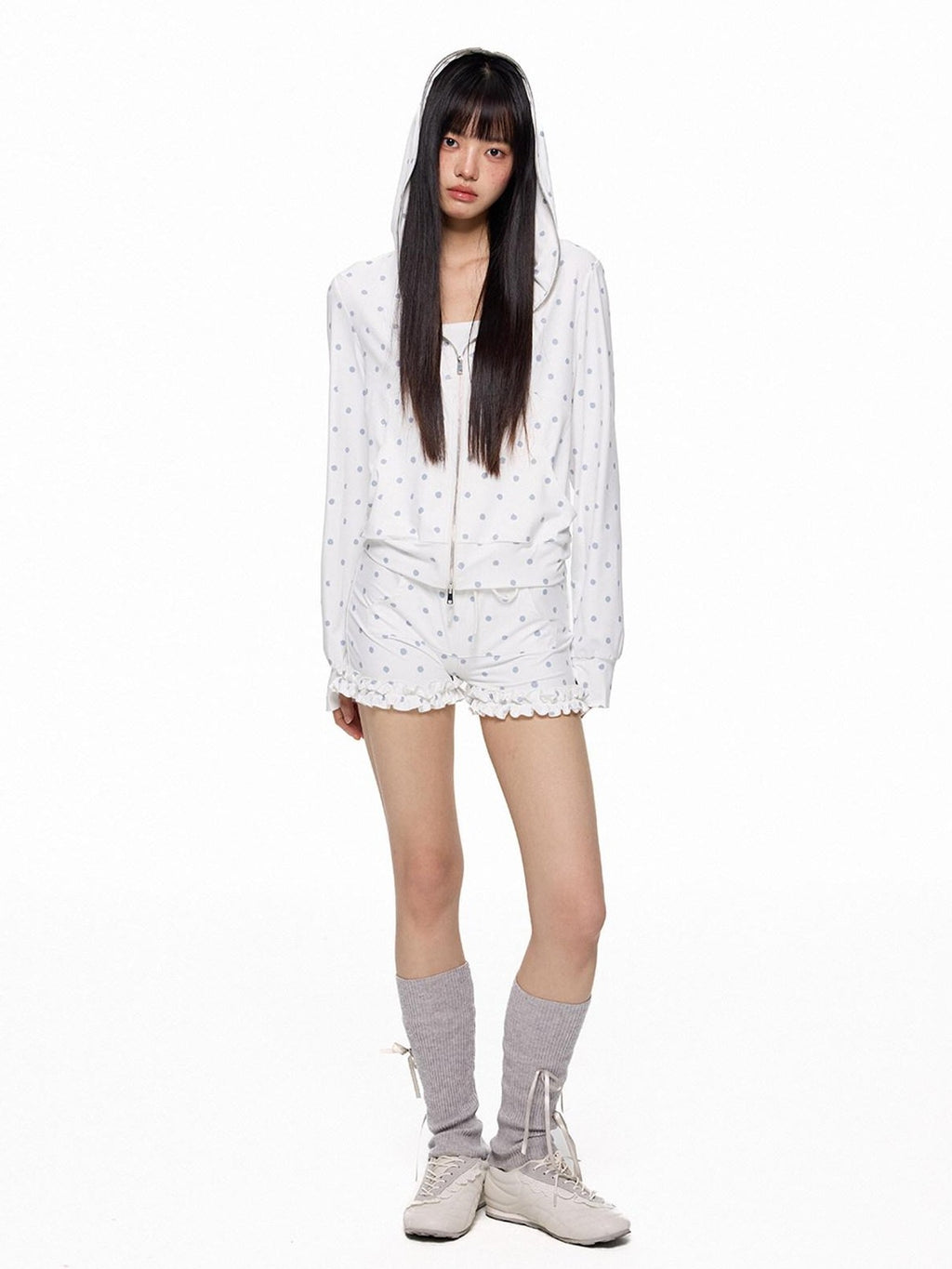EZEK Polka Dot Hooded Zip Pocket Women's Polyester Casual Top & Shorts Sets