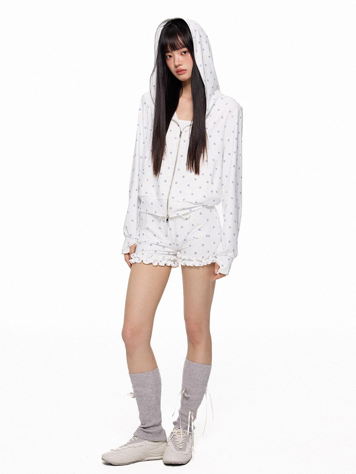 EZEK Polka Dot Hooded Zip Pocket Women's Polyester Casual Top & Shorts Sets