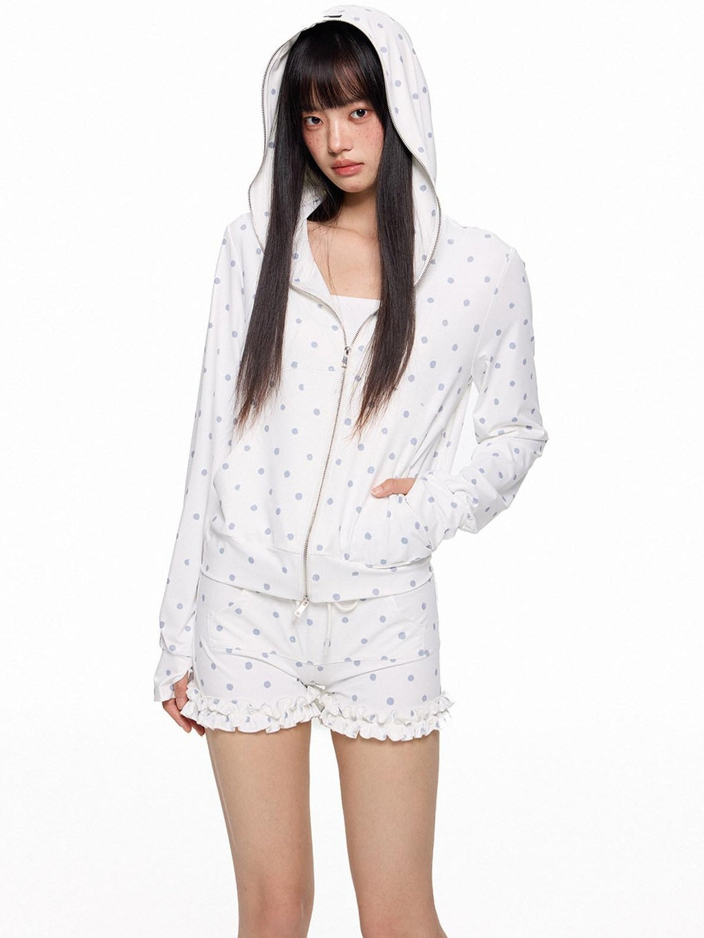 EZEK Polka Dot Hooded Zip Pocket Women's Polyester Casual Top & Shorts Sets