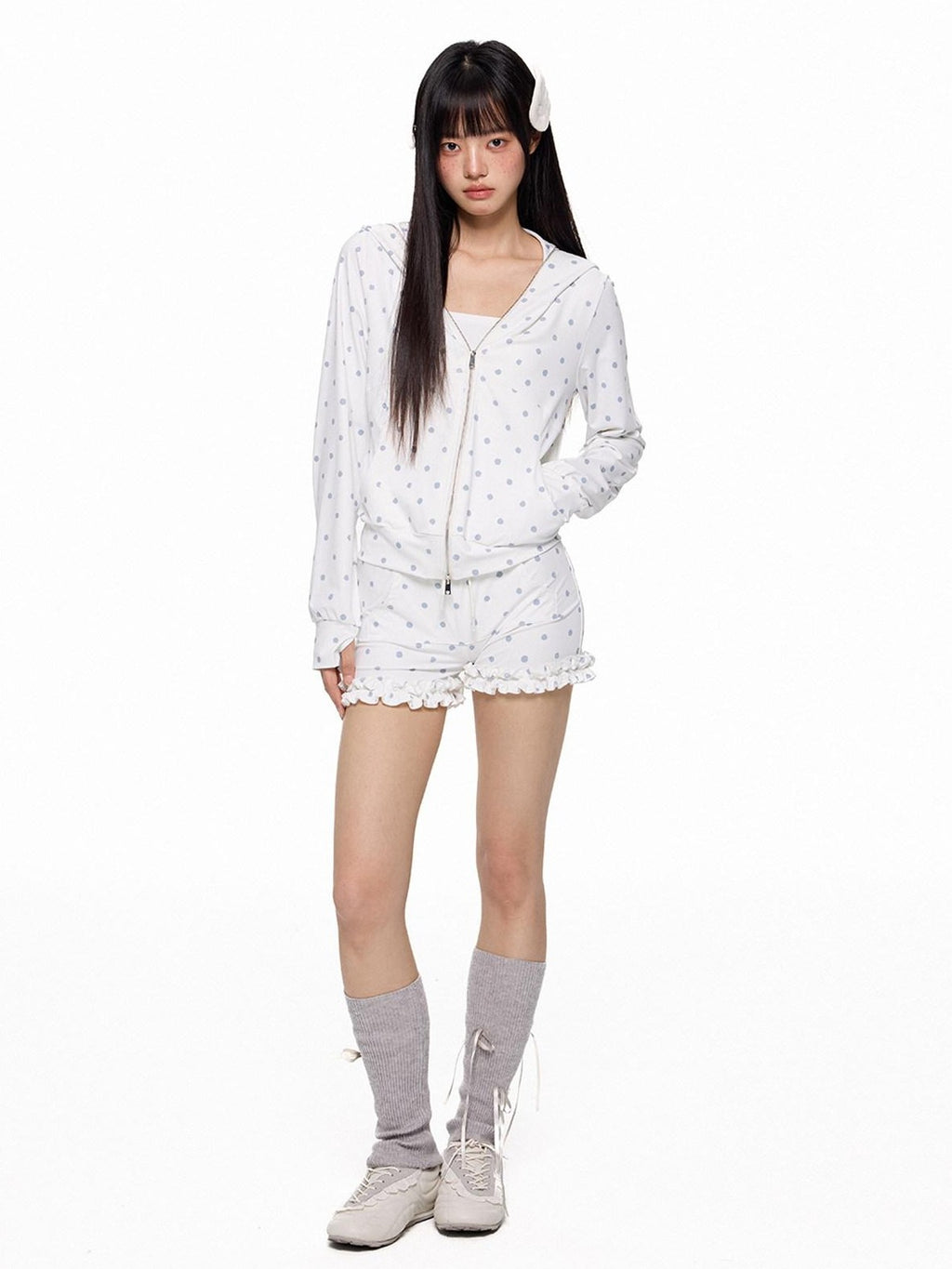 EZEK Polka Dot Hooded Zip Pocket Women's Polyester Casual Top & Shorts Sets