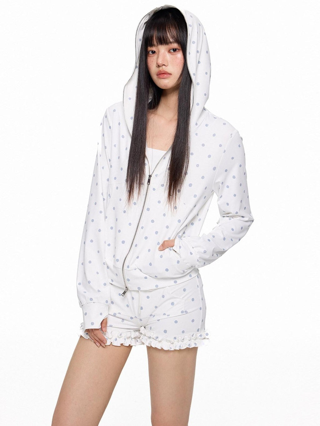 EZEK Polka Dot Hooded Zip Pocket Women's Polyester Casual Top & Shorts Sets