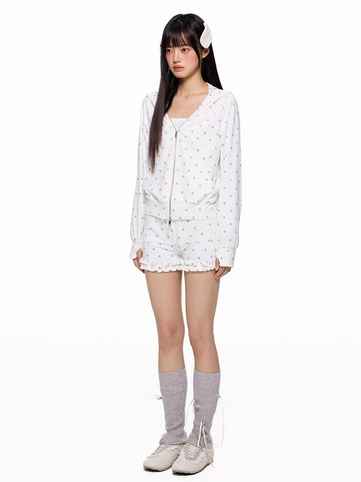 EZEK Polka Dot Hooded Zip Pocket Women's Polyester Casual Top & Shorts Sets
