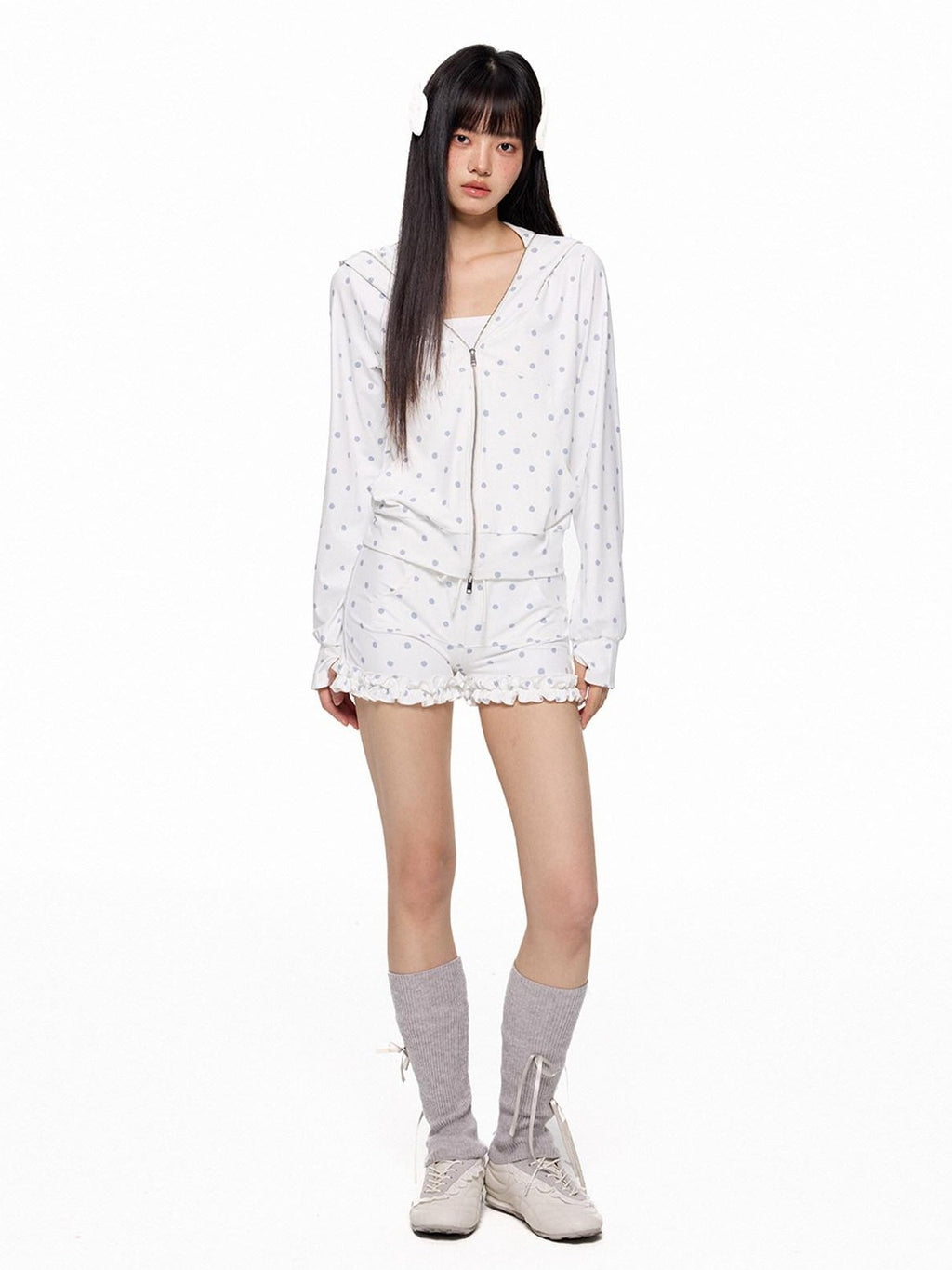EZEK Polka Dot Hooded Zip Pocket Women's Polyester Casual Top & Shorts Sets
