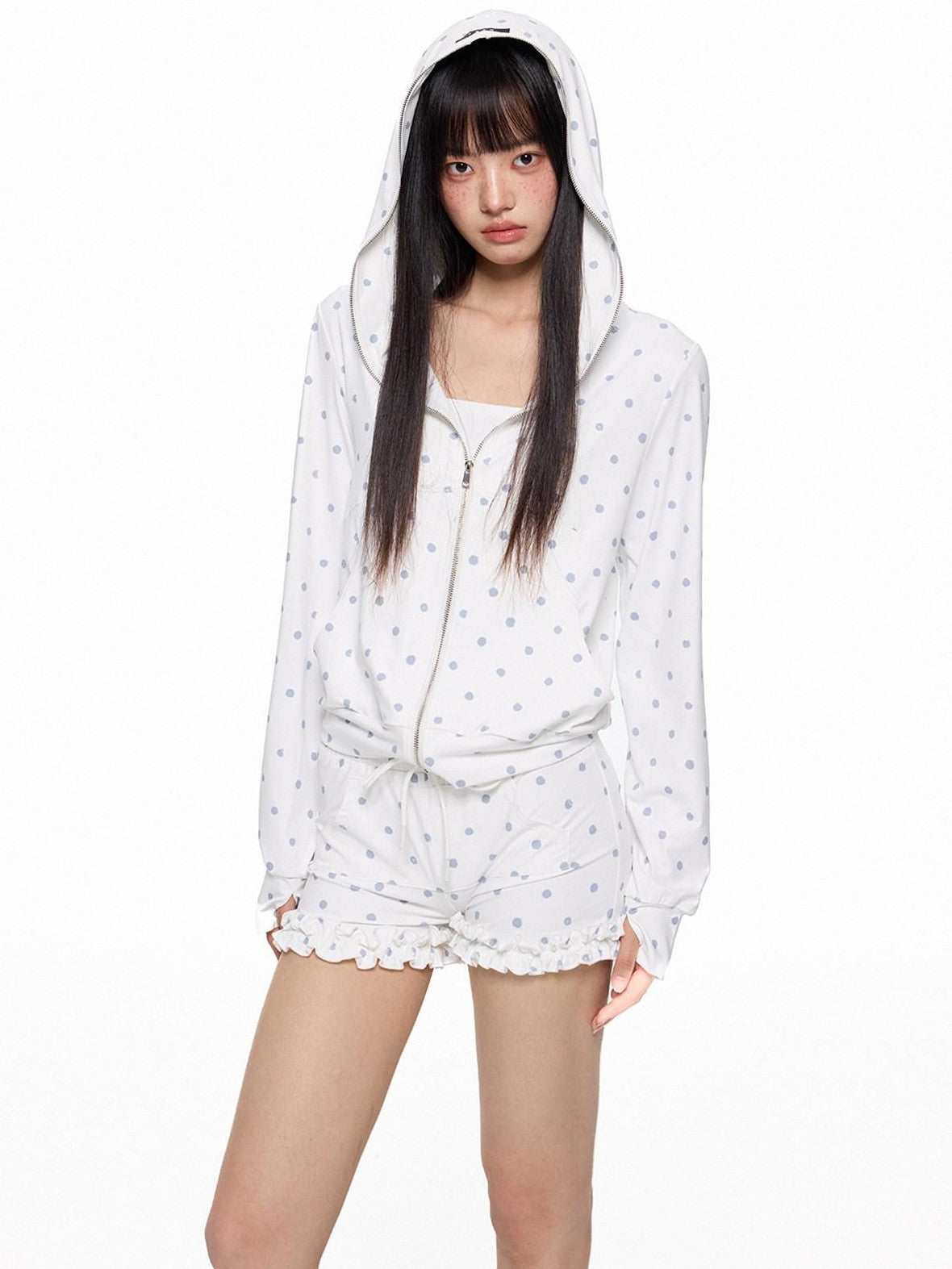 EZEK Polka Dot Hooded Zip Pocket Women's Polyester Casual Top & Shorts Sets