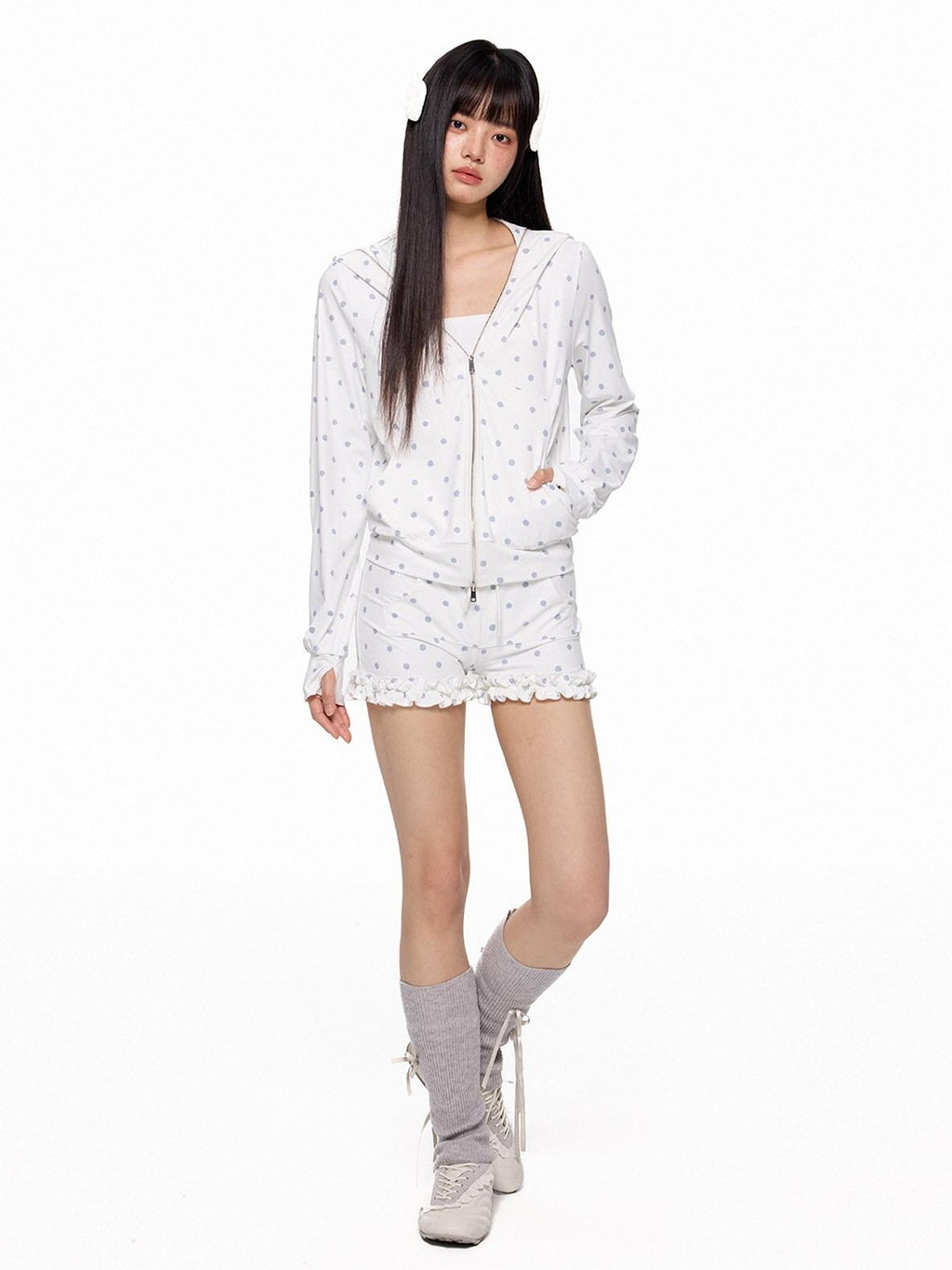 EZEK Polka Dot Hooded Zip Pocket Women's Polyester Casual Top & Shorts Sets