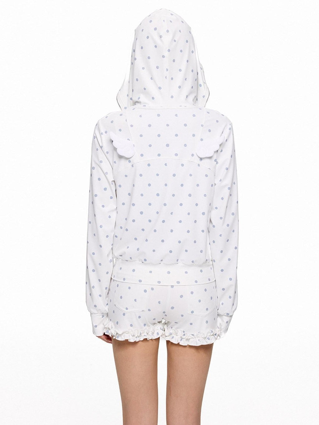 EZEK Polka Dot Hooded Zip Pocket Women's Polyester Casual Top & Shorts Sets