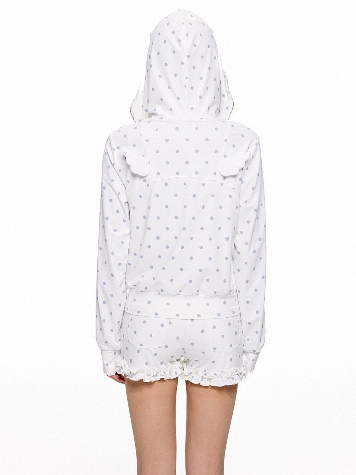 EZEK Polka Dot Hooded Zip Pocket Women's Polyester Casual Top & Shorts Sets