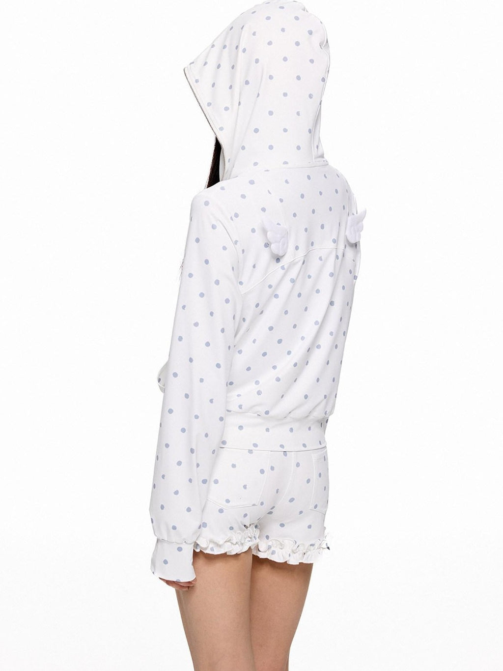 EZEK Polka Dot Hooded Zip Pocket Women's Polyester Casual Top & Shorts Sets