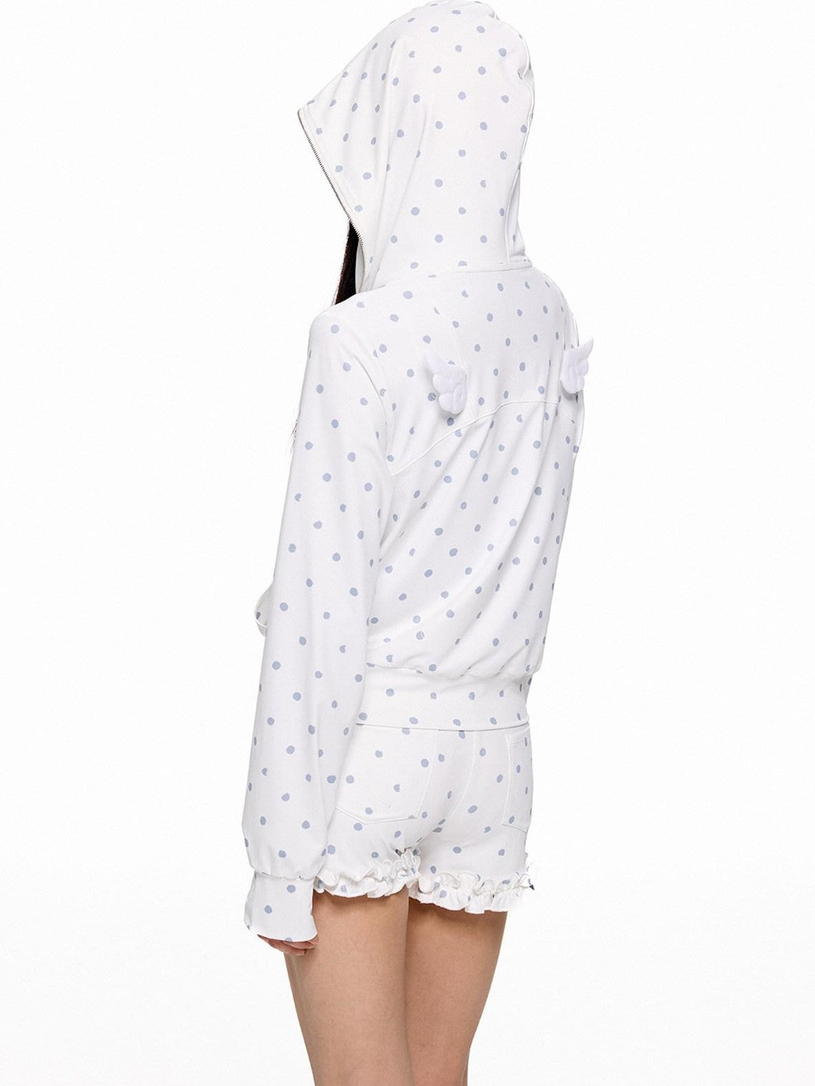 EZEK Polka Dot Hooded Zip Pocket Women's Polyester Casual Top & Shorts Sets