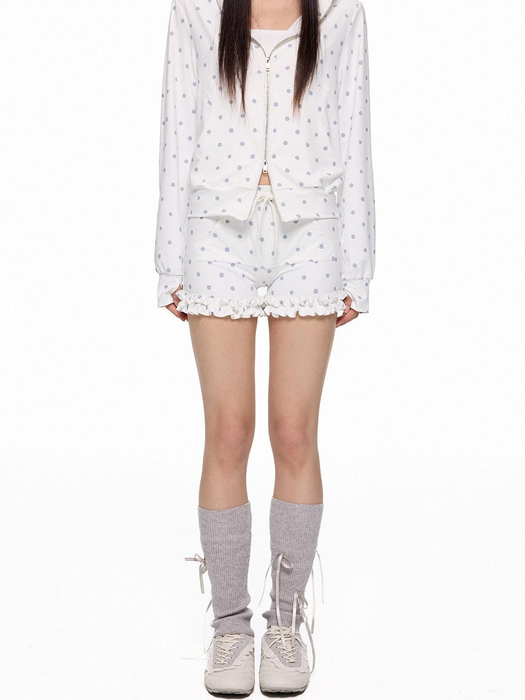EZEK Polka Dot Hooded Zip Pocket Women's Polyester Casual Top & Shorts Sets