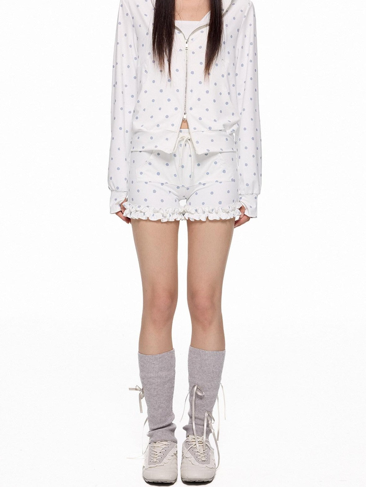 EZEK Polka Dot Hooded Zip Pocket Women's Polyester Casual Top & Shorts Sets