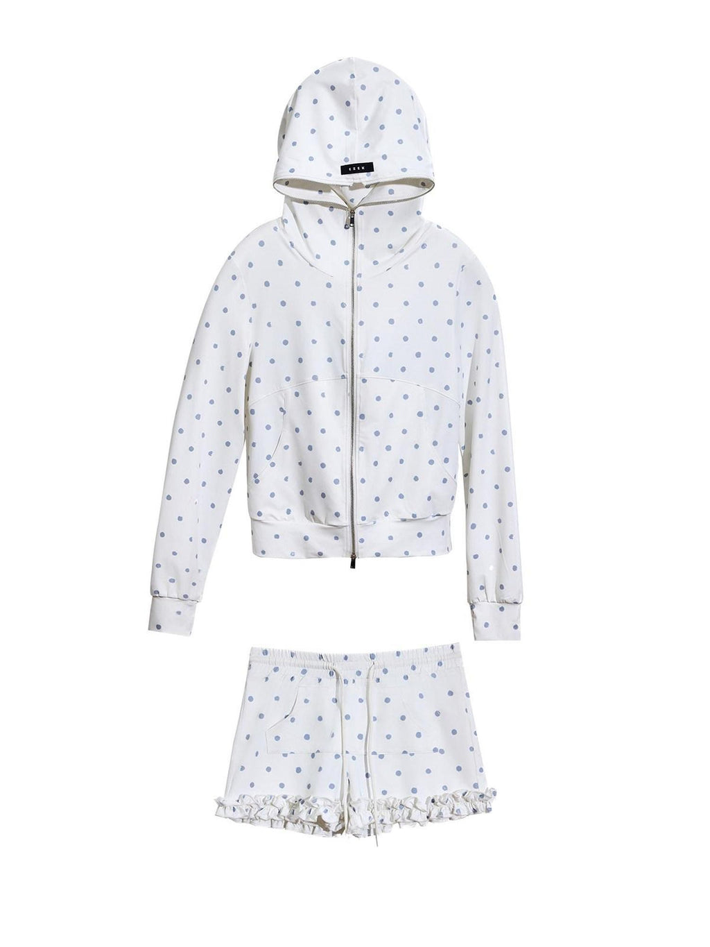 EZEK Polka Dot Hooded Zip Pocket Women's Polyester Casual Top & Shorts Sets