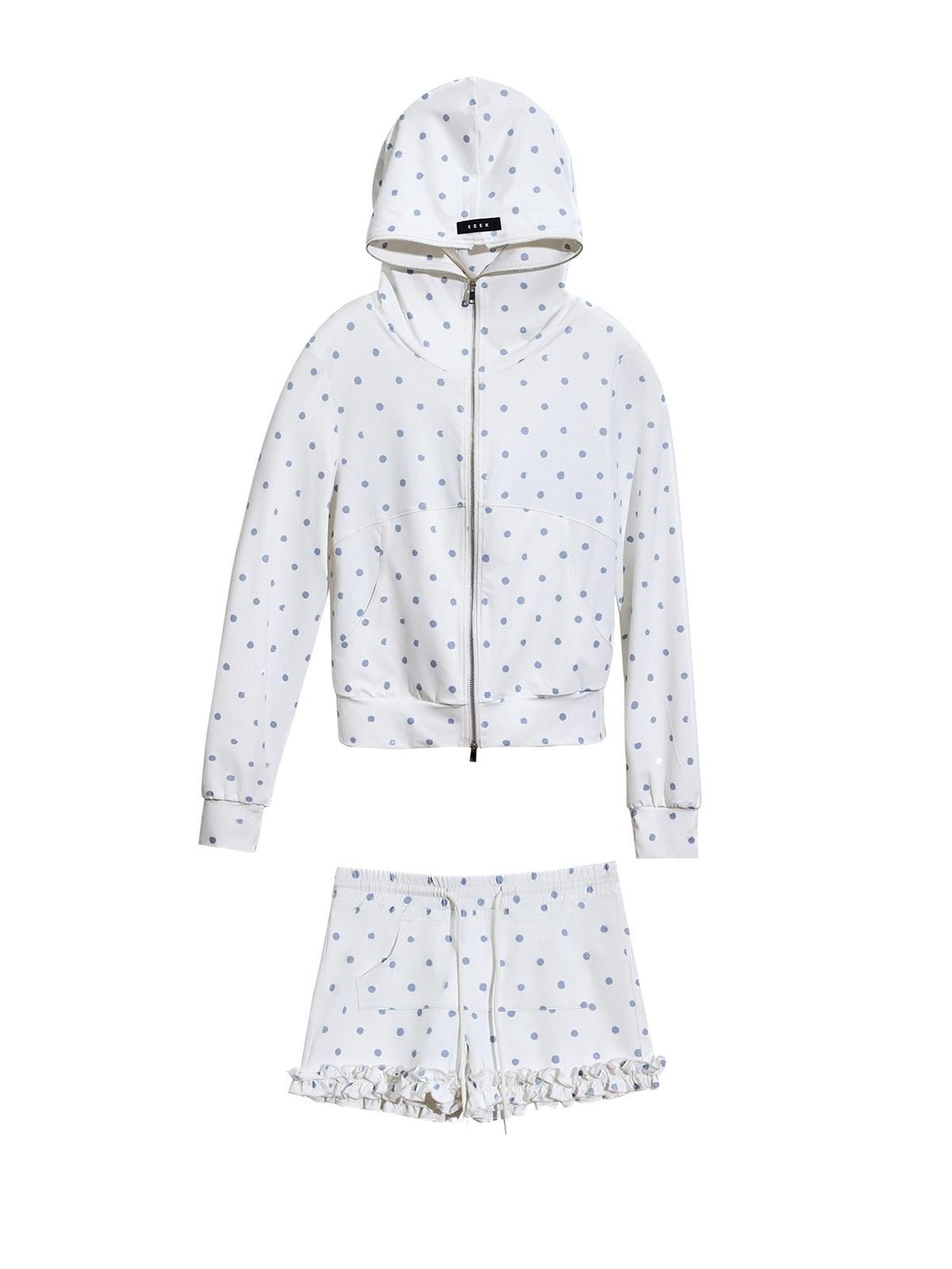 EZEK Polka Dot Hooded Zip Pocket Women's Polyester Casual Top & Shorts Sets