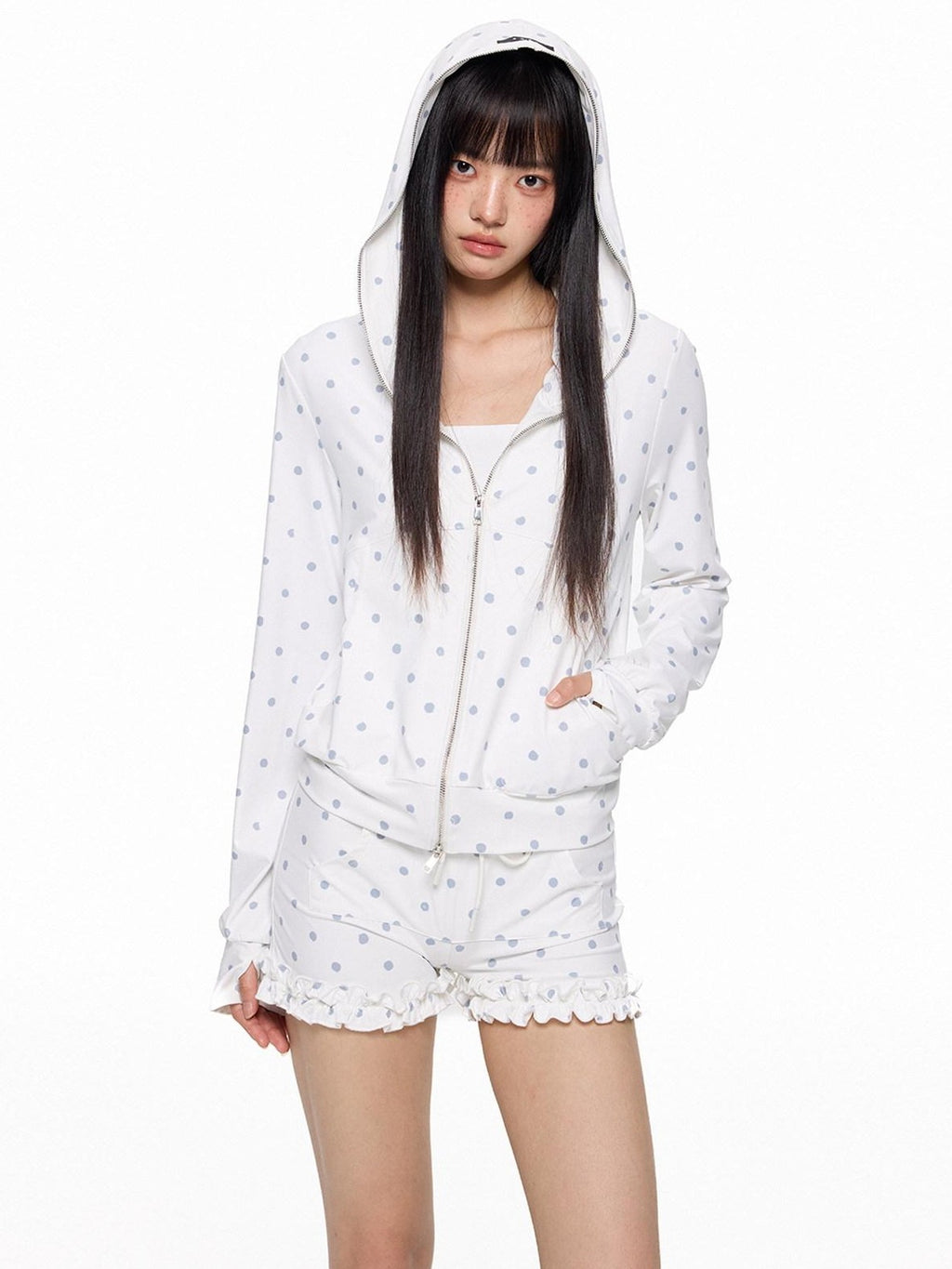 EZEK Polka Dot Hooded Zip Pocket Women's Polyester Casual Top & Shorts Sets