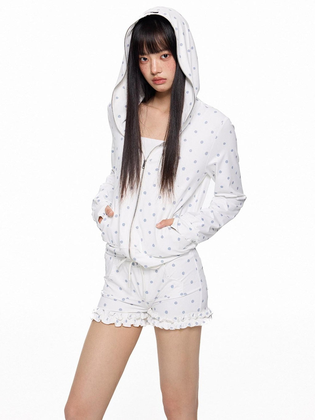 EZEK Polka Dot Hooded Zip Pocket Women's Polyester Casual Top & Shorts Sets