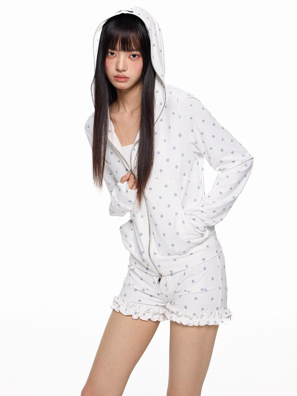 EZEK Polka Dot Hooded Zip Pocket Women's Polyester Casual Top & Shorts Sets