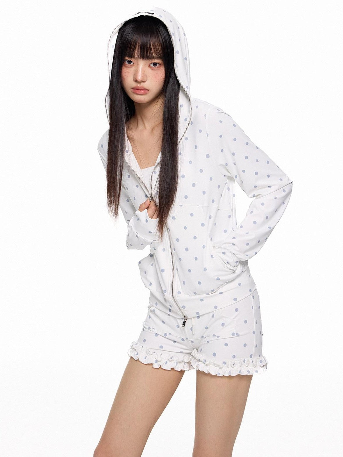EZEK Polka Dot Hooded Zip Pocket Women's Polyester Casual Top & Shorts Sets