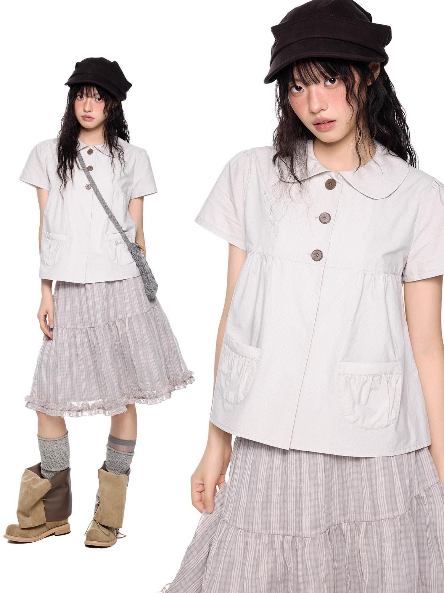 EZEK Polka Dot Pocket Pleated Doll Collar Women's Cotton Short Sleeve T-shirts