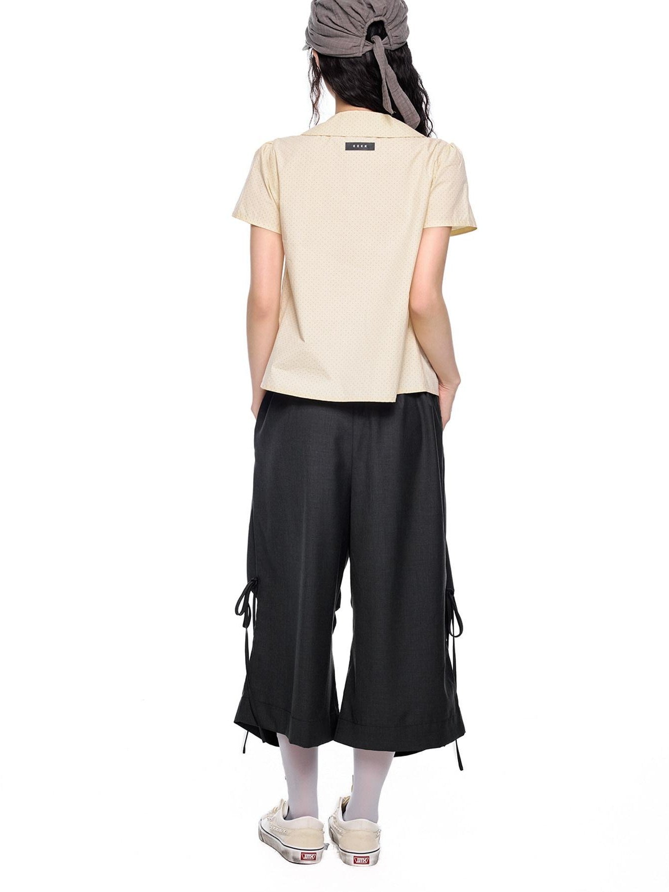 EZEK Polka Dot Pocket Pleated Doll Collar Women's Cotton Short Sleeve T-shirts