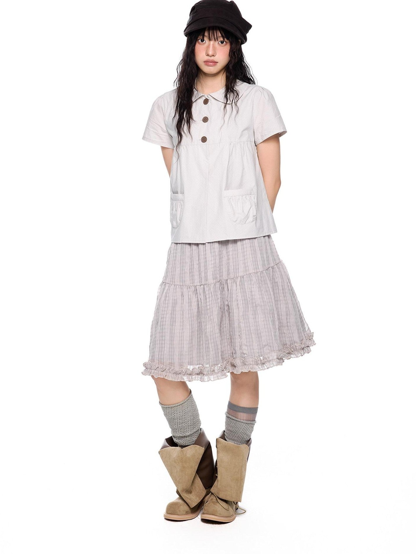 EZEK Polka Dot Pocket Pleated Doll Collar Women's Cotton Short Sleeve T-shirts