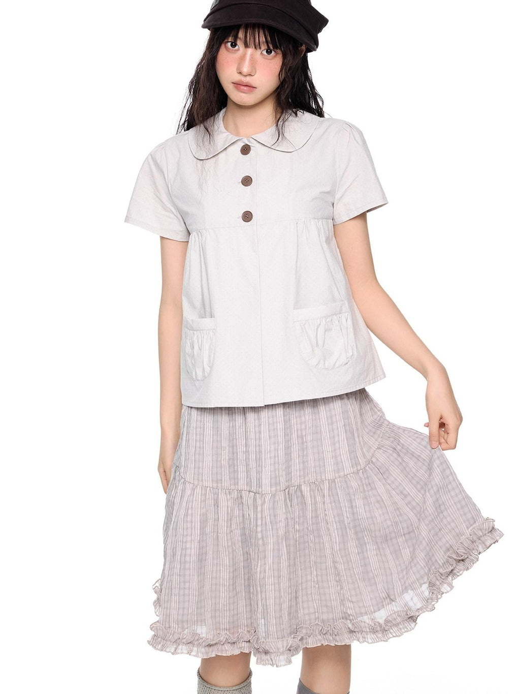 EZEK Polka Dot Pocket Pleated Doll Collar Women's Cotton Short Sleeve T-shirts