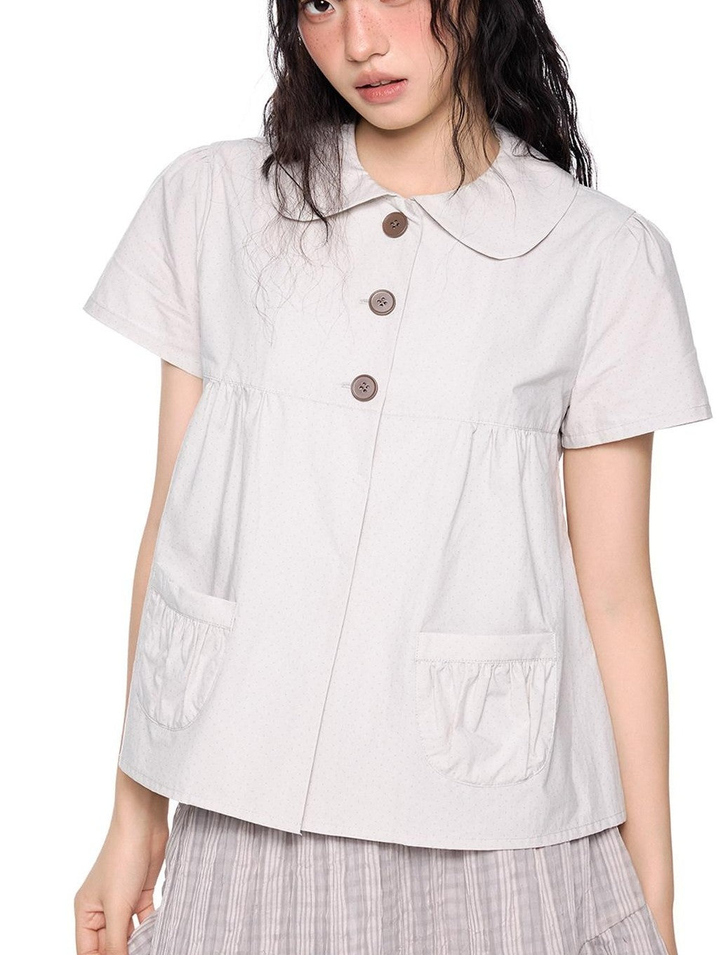 EZEK Polka Dot Pocket Pleated Doll Collar Women's Cotton Short Sleeve T-shirts