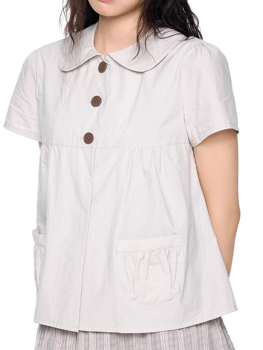 EZEK Polka Dot Pocket Pleated Doll Collar Women's Cotton Short Sleeve T-shirts