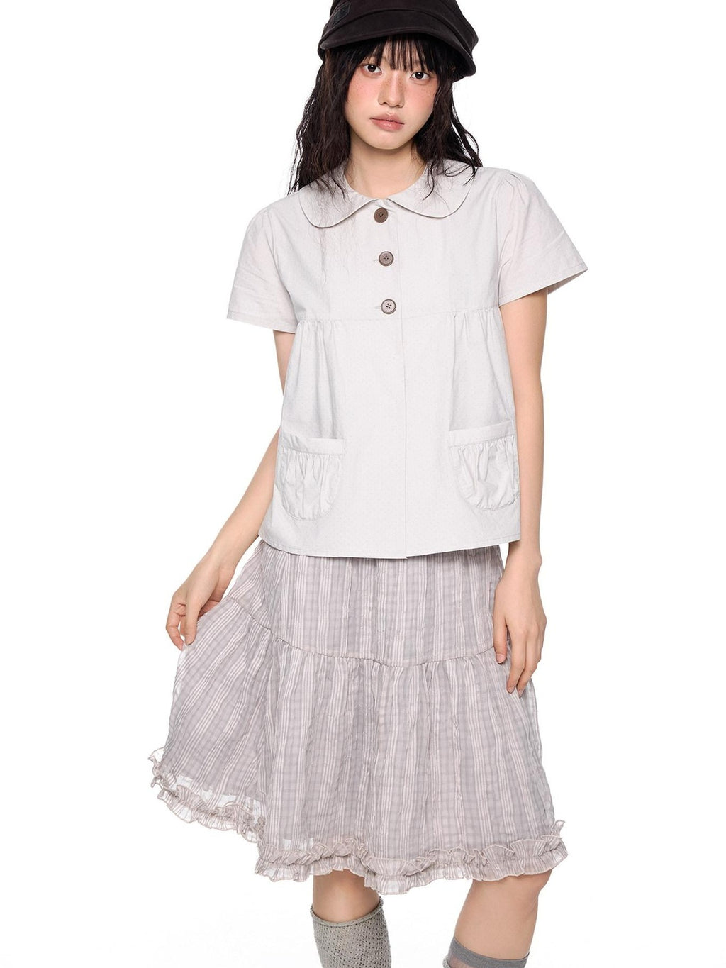 EZEK Polka Dot Pocket Pleated Doll Collar Women's Cotton Short Sleeve T-shirts