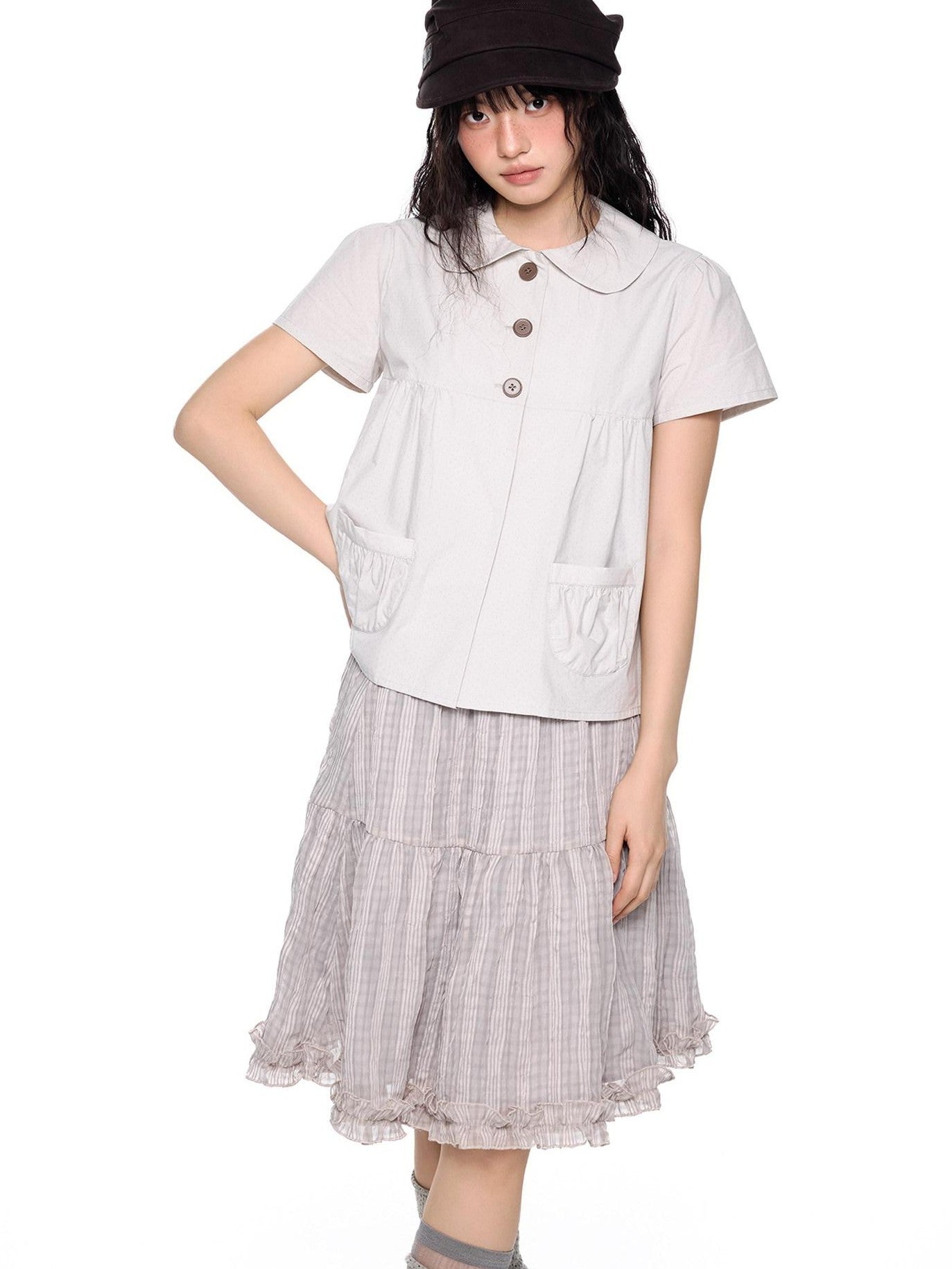 EZEK Polka Dot Pocket Pleated Doll Collar Women's Cotton Short Sleeve T-shirts