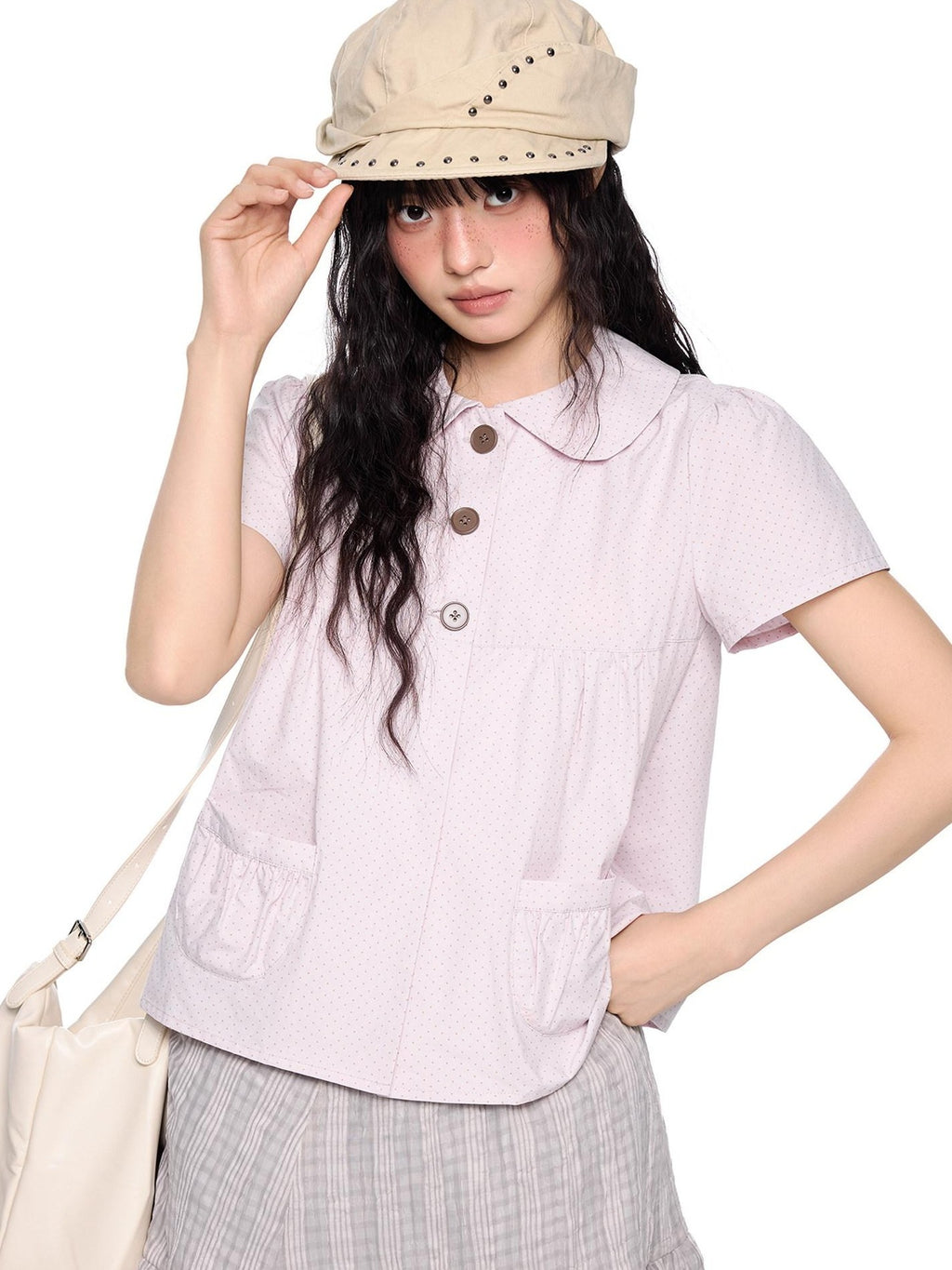 EZEK Polka Dot Pocket Pleated Doll Collar Women's Cotton Short Sleeve T-shirts