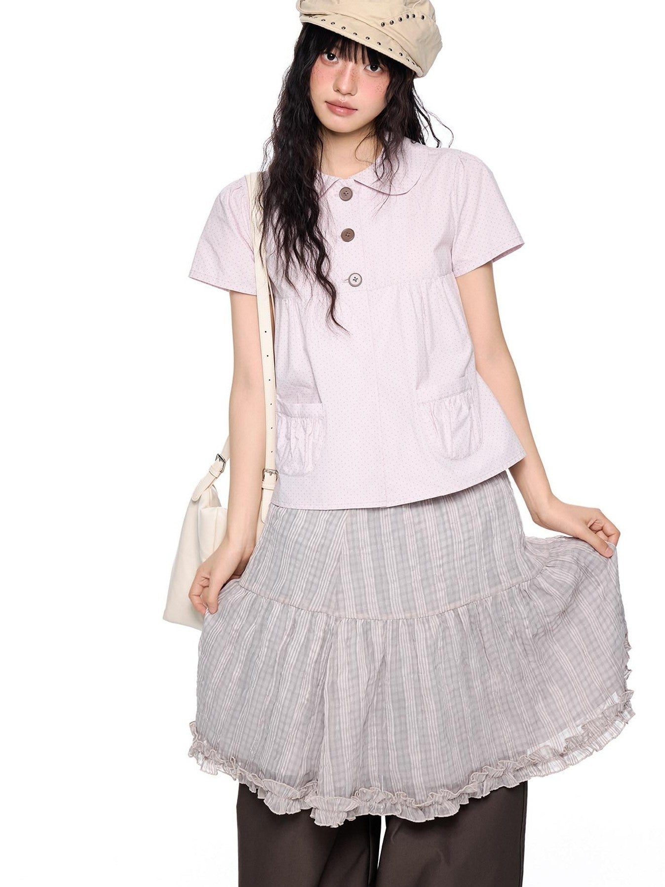 EZEK Polka Dot Pocket Pleated Doll Collar Women's Cotton Short Sleeve T-shirts