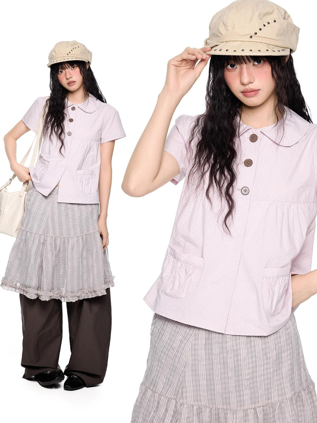 EZEK Polka Dot Pocket Pleated Doll Collar Women's Cotton Short Sleeve T-shirts