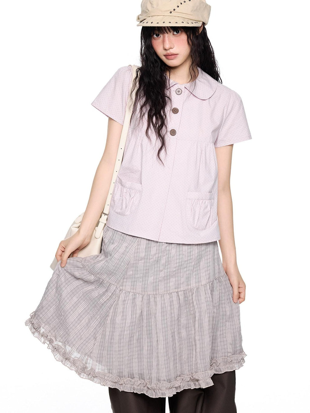 EZEK Polka Dot Pocket Pleated Doll Collar Women's Cotton Short Sleeve T-shirts