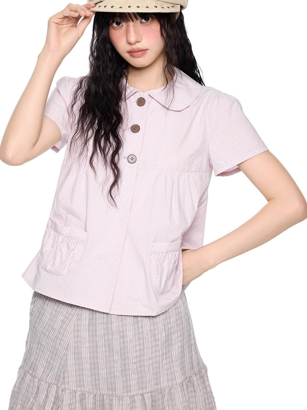 EZEK Polka Dot Pocket Pleated Doll Collar Women's Cotton Short Sleeve T-shirts
