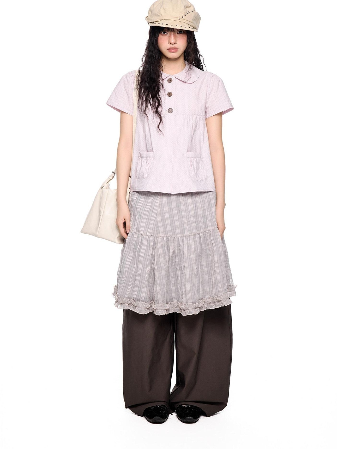 EZEK Polka Dot Pocket Pleated Doll Collar Women's Cotton Short Sleeve T-shirts
