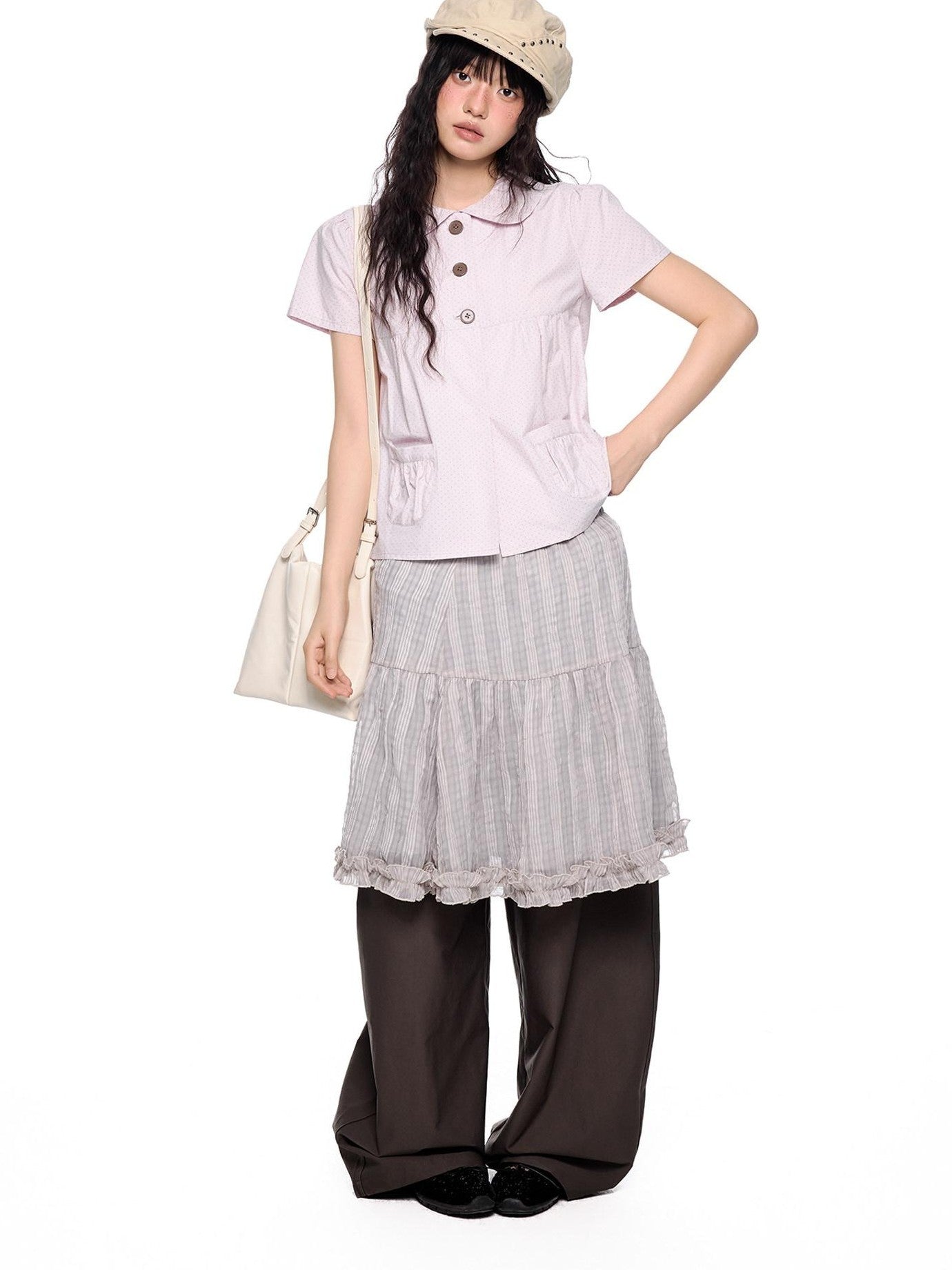 EZEK Polka Dot Pocket Pleated Doll Collar Women's Cotton Short Sleeve T-shirts
