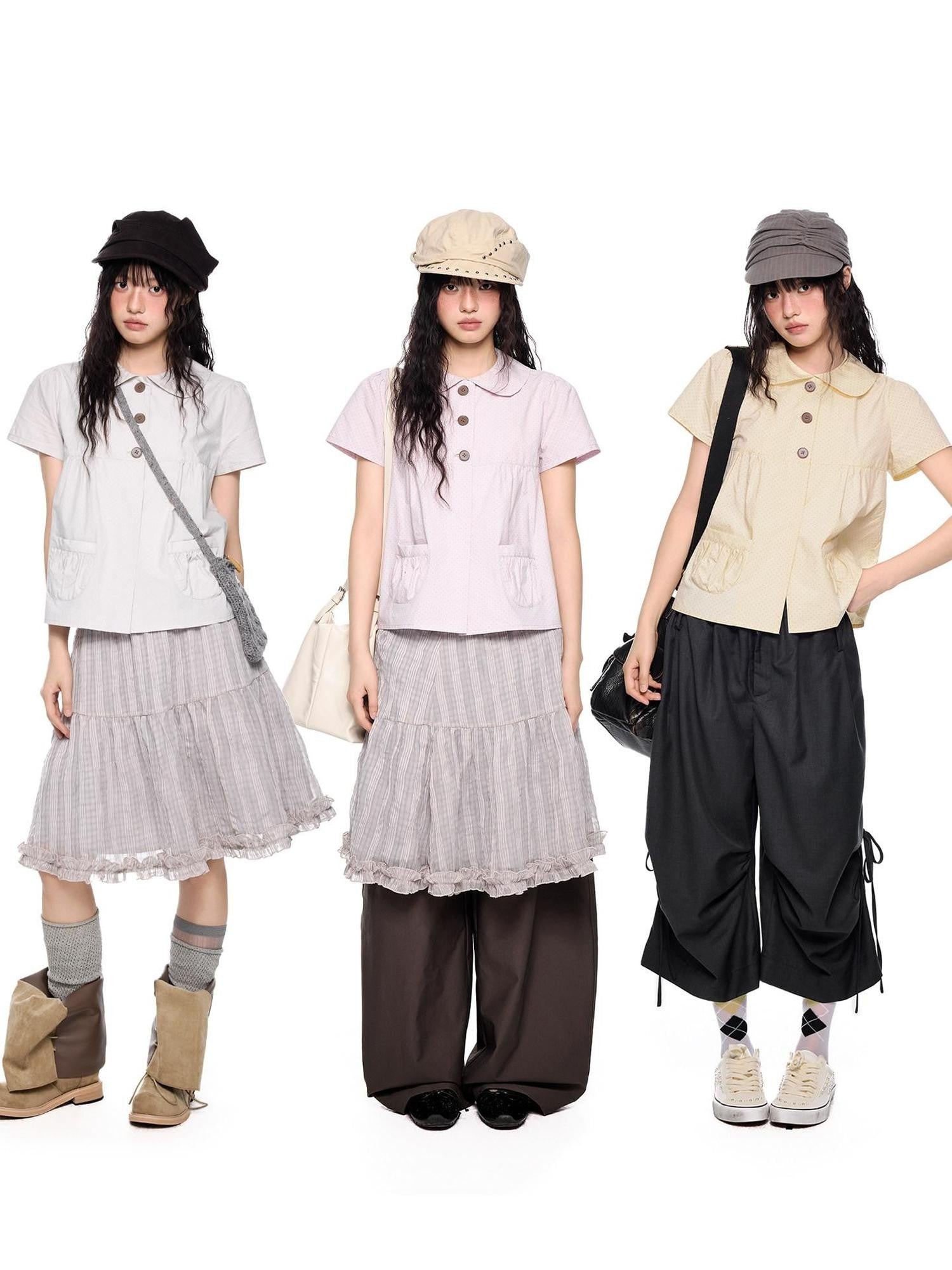 EZEK Polka Dot Pocket Pleated Doll Collar Women's Cotton Short Sleeve T-shirts