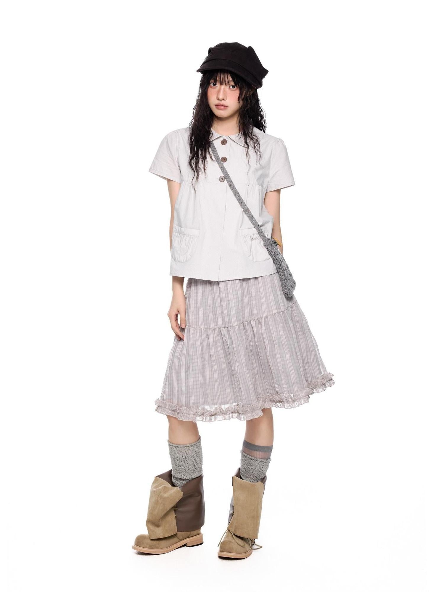 EZEK Polka Dot Pocket Pleated Doll Collar Women's Cotton Short Sleeve T-shirts