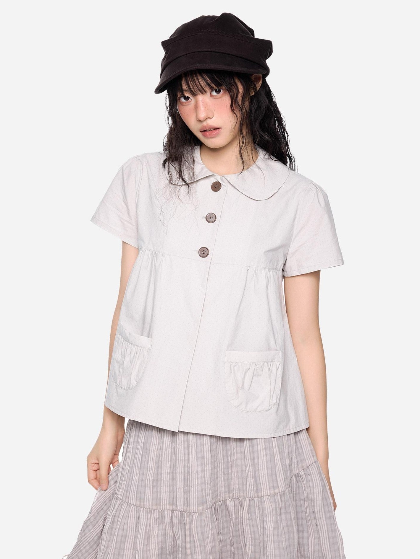 EZEK Polka Dot Pocket Pleated Doll Collar Women's Cotton Short Sleeve T-shirts