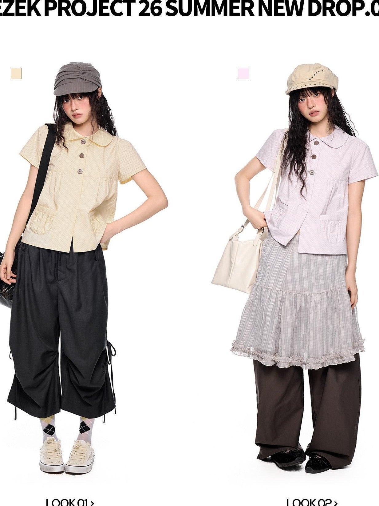 EZEK Polka Dot Pocket Pleated Doll Collar Women's Cotton Short Sleeve T-shirts