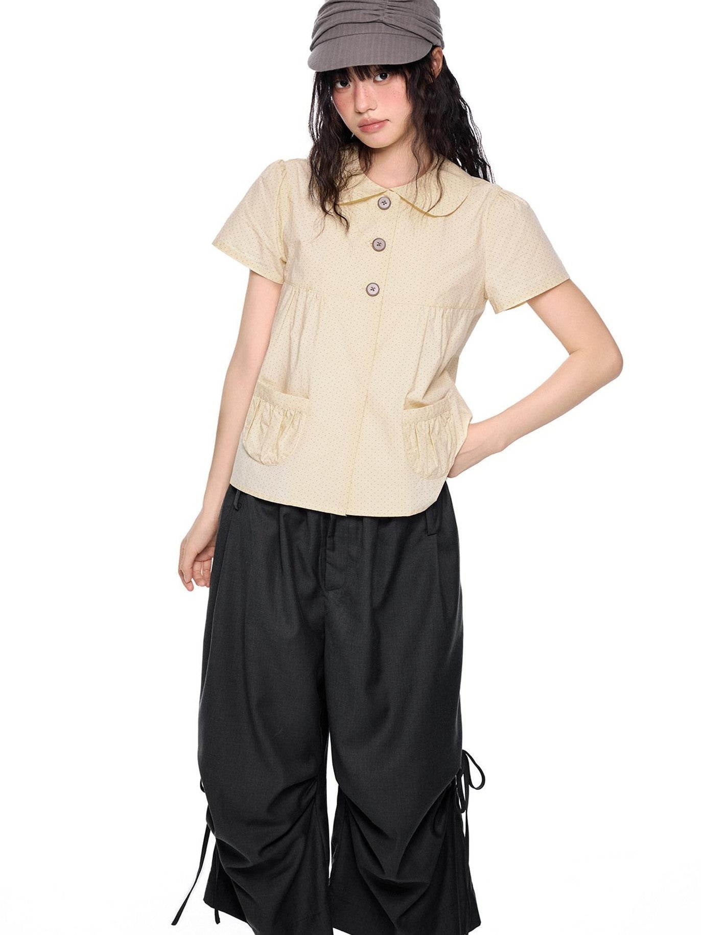 EZEK Polka Dot Pocket Pleated Doll Collar Women's Cotton Short Sleeve T-shirts